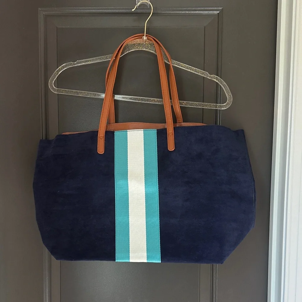 Neiman Marcus Navy Faux Suede and Tan Tote with Aqua Stripe NWOT